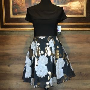 Betsy & Adam Black/Gold Off shoulder dress